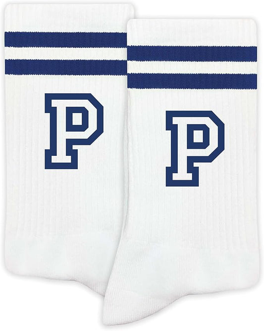 Striped Initial Socks with the Letter in Navy Blue, Socks for Adult, Teens, Men&Women Socks, Gifts for Friends, Family, etc.