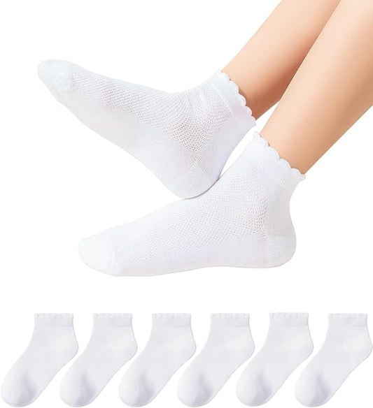 Girls White Ruffle Socks School Uniform Kids Cotton Crew Ankle Cute Frilly Dress Socks 6 Pack