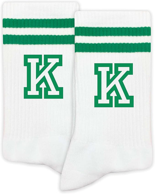 Striped Initial Socks with the Letter in Green, St. Patricks Day Socks Gifts for Family Friends, etc.