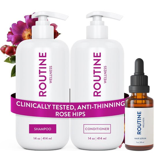 Routine Wellness Shampoo and Conditioner Set and Hair Serum for Thinning Hair - DHT Blocker Women & Men - Color Safe Shampoo for Hair Loss & Healthier Hair - Rose Hips Set + Serum