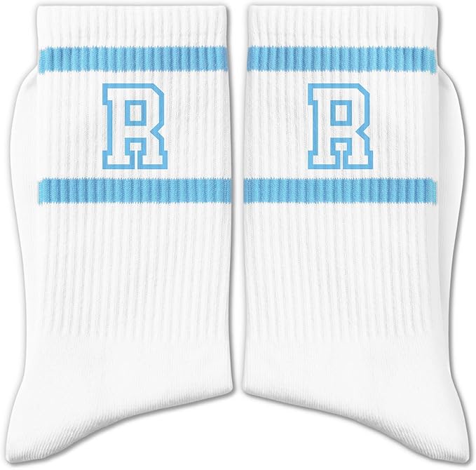 Light Blue and White Striped Crew Socks with the Letter， Classic Varsity Sports Style Monogram Socks
