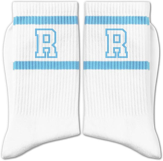 Light Blue and White Striped Crew Socks with the Letter， Classic Varsity Sports Style Monogram Socks