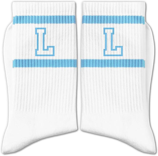 Light Blue and White Striped Crew Socks with the Letter， Classic Varsity Sports Style Monogram Socks