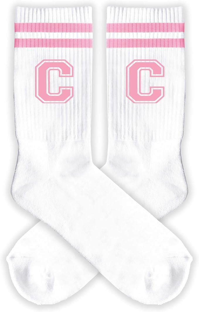 Pink And White-Striped Letter Socks, Sports Socks For Women, Pink Team socks, Friends And Family, Birthday Gift.