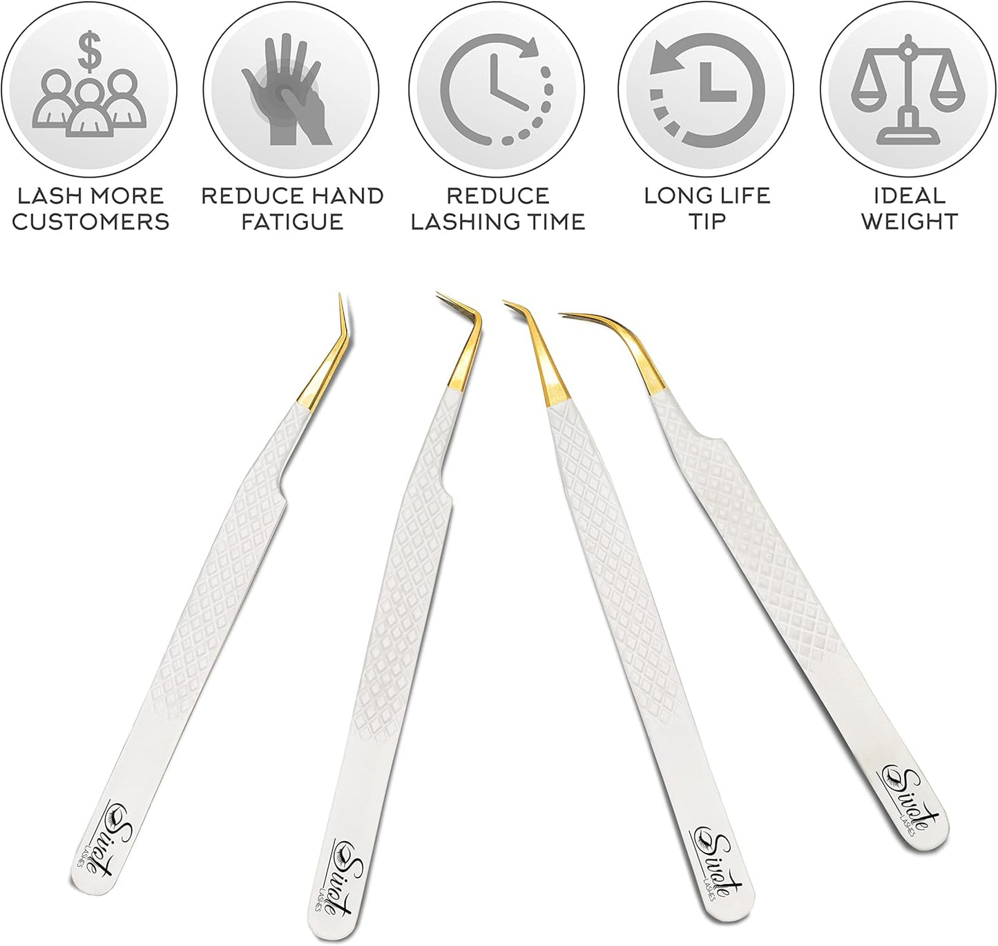 SIVOTE Fiber Tip Lash Tweezers for Eyelash Extensions with Diamond Grip, White, Set of 4 - Precise Tips Japanese Steel for Classic, Volume & Mega Volume Lashes, Anti-Rust - Ideal for Lash Artists