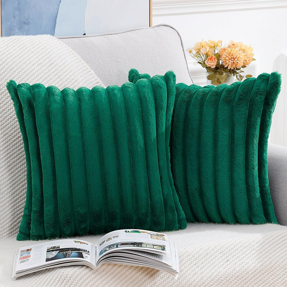 MADIZZ Set of 2 Faux Wool Plush Decorative Throw Pillow Covers 20x20 Inch Green Fluffy Striped Soft Decorative Cushion Cover for Sofa Bedroom Pillow Shell