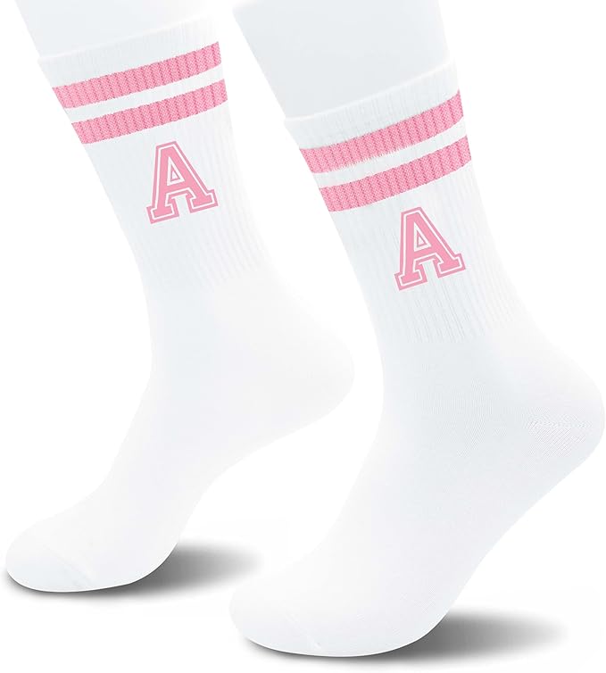 Pink And White-Striped Letter Socks, Sports Socks For Women, Pink Team socks, Friends And Family, Birthday Gift.