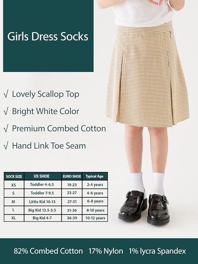 COTTON DAY Girls White Dressy Textured Short Socks Scallop Top Design 5 Pack