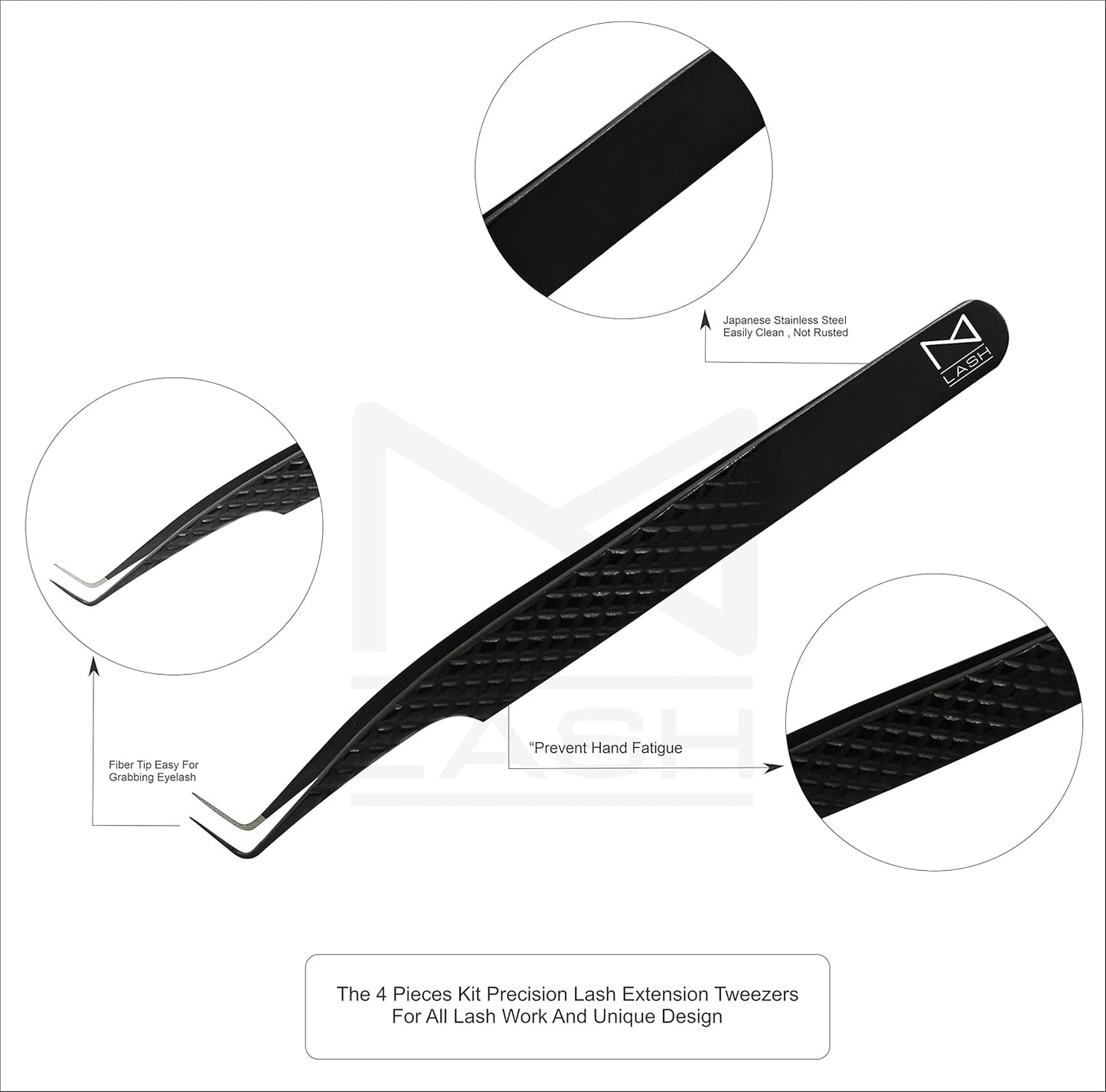 M LASH Eyelash Extension Tweezers (Set of 4) - Professional & Precision Lash Tweezers for Eyelash Extensions - Japanese Steel, Diamond Grip, Fiber Tip V3 (Black)