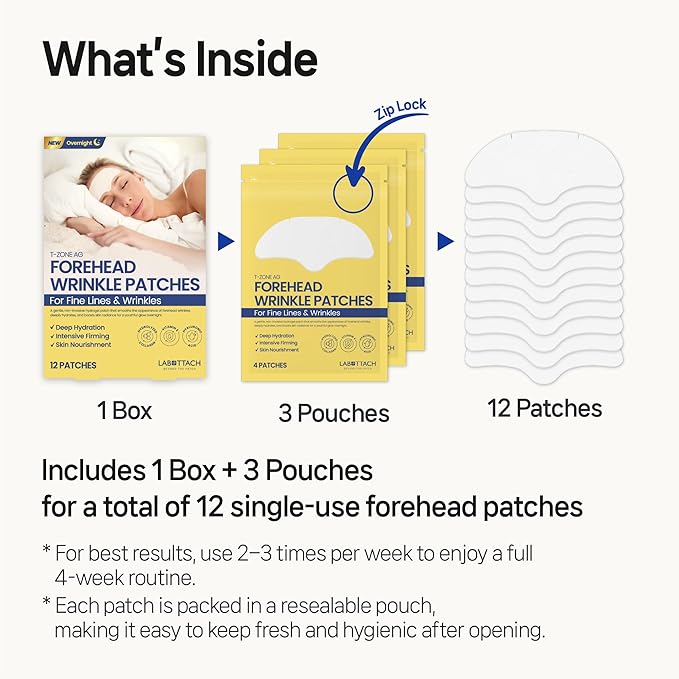 Labottach Forehead Wrinkle Patches 12ct – Korean Hydrogel Patch with Collagen, Hyaluronic Acid & Vitamin E for Forehead & Frown Lines