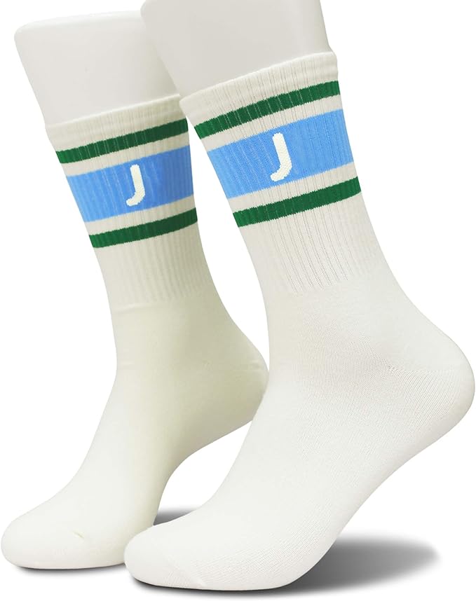 Blue and Off-white Retro Striped Crew Socks with The Letter, Classic Initial Sporty Monogram Socks.