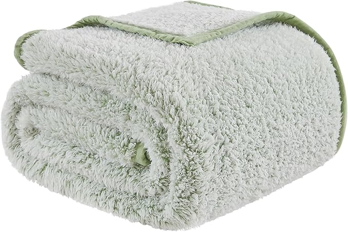 EMME Soft Sherpa Fleece Blanket Reversible Plush Fluffy Large Blanket, Light Weight Warm Decorative Boho Blanket Cover for Sofa, Couch, Bedroom,Travel(Plush Sage,90"x90")
