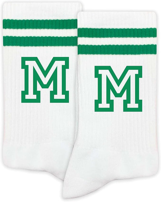 Striped Initial Socks with the Letter in Green, St. Patricks Day Socks Gifts for Family Friends, etc.