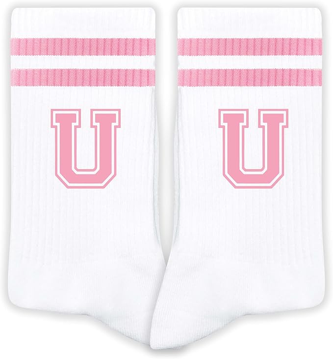 Pink And White-Striped Letter Socks, Sports Socks For Women, Pink Team socks, Friends And Family, Birthday Gift.