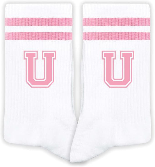 Pink And White-Striped Letter Socks, Sports Socks For Women, Pink Team socks, Friends And Family, Birthday Gift.