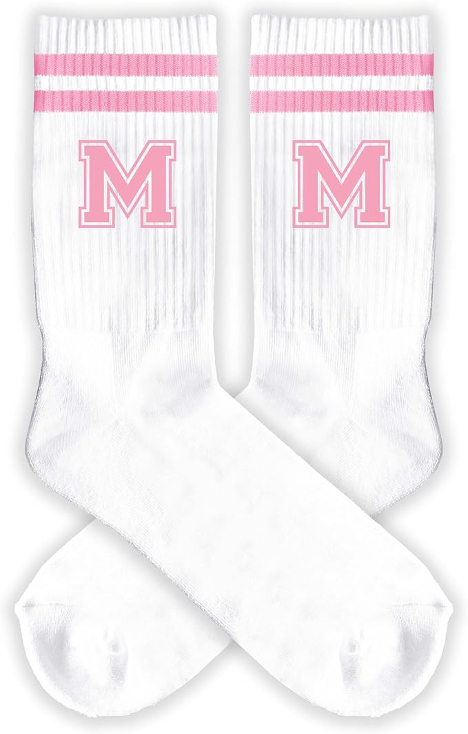 Pink And White-Striped Letter Socks, Sports Socks For Women, Pink Team socks, Friends And Family, Birthday Gift.
