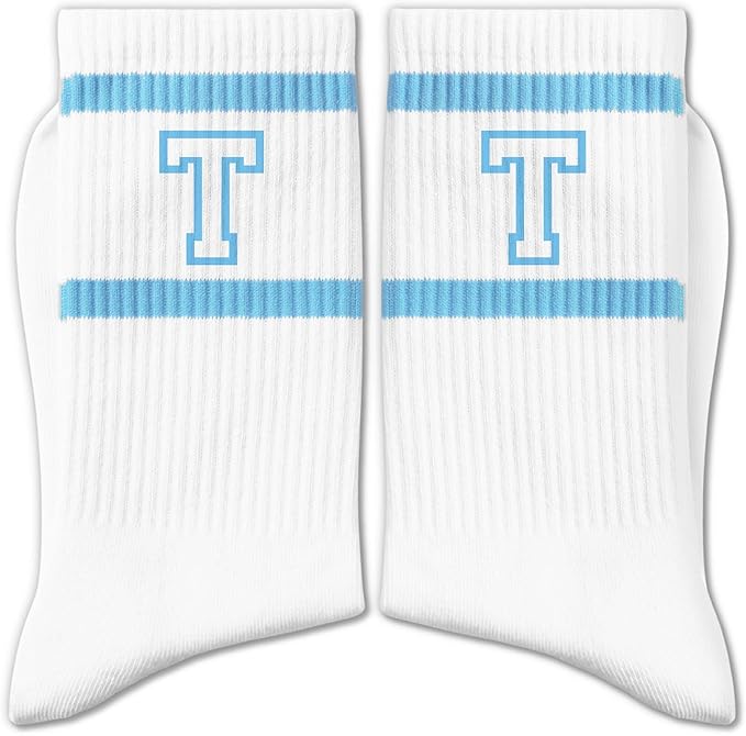 Light Blue and White Striped Crew Socks with the Letter， Classic Varsity Sports Style Monogram Socks