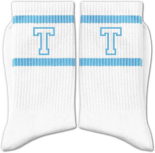 Light Blue and White Striped Crew Socks with the Letter， Classic Varsity Sports Style Monogram Socks