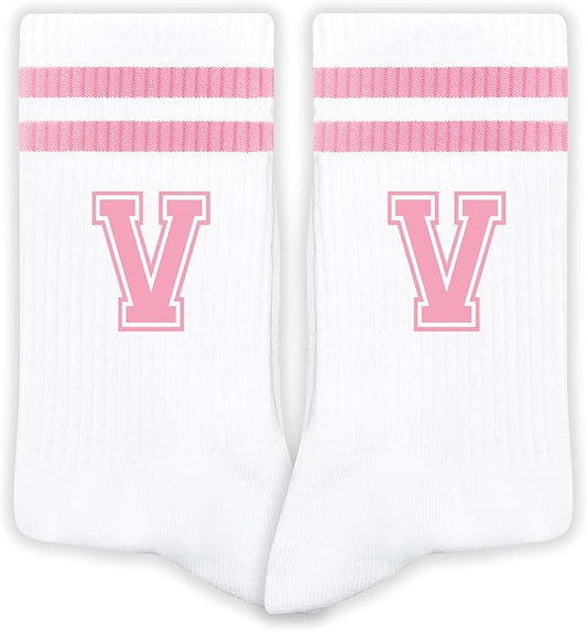 Pink And White-Striped Letter Socks, Sports Socks For Women, Pink Team socks, Friends And Family, Birthday Gift.