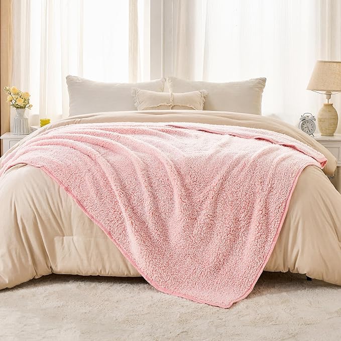 EMME Soft Sherpa Fleece Blanket Reversible Plush Fluffy Large Blanket, Light Weight Warm Decorative Boho Blanket Cover for Sofa, Couch, Bedroom,Travel(Plush Pink,50"x60")