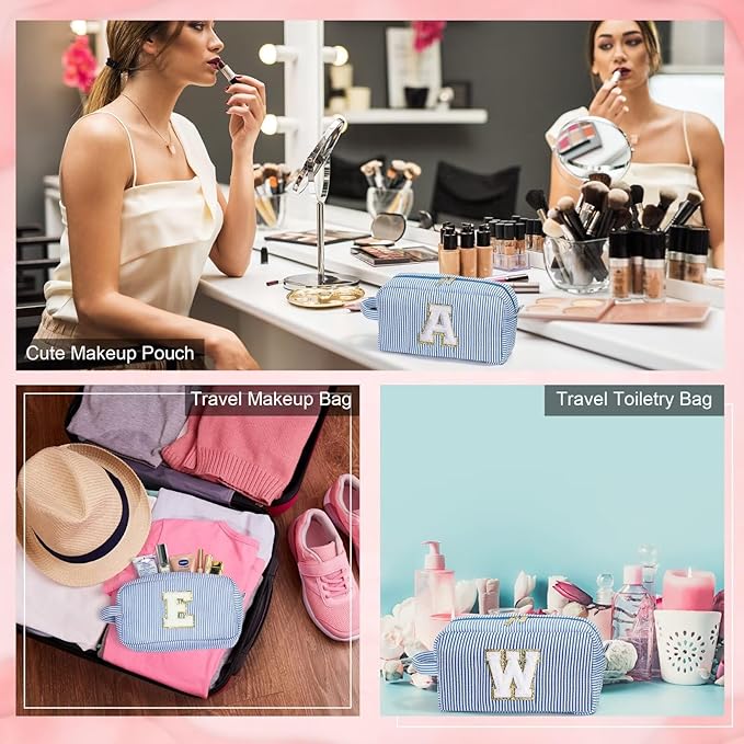 YOOLIFE Birthday Gifts for Women - Personalized Gifts Idea for Her Mom Best Friend Sister Girlfriend Bridesmaid Teacher, Monogram Initial Blue Cute Makeup Bag Cosmetic Toiletry Pouch Make Up Case S