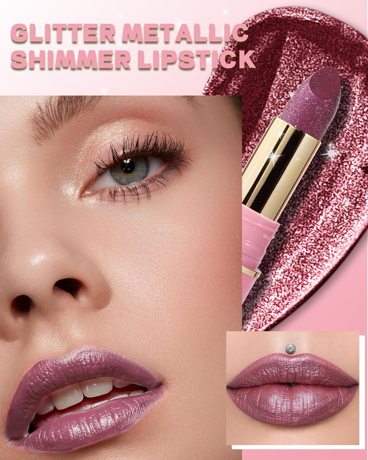 Glitter Metallic Shimmer Lipstick Long Lasting,Glitter Diamond Shine Red Color Matte Lipstick Transfer Proof Non-Stick Lip Gloss Shimmer Highly Pigmented Full Coverage Lip Makeup for Women-06