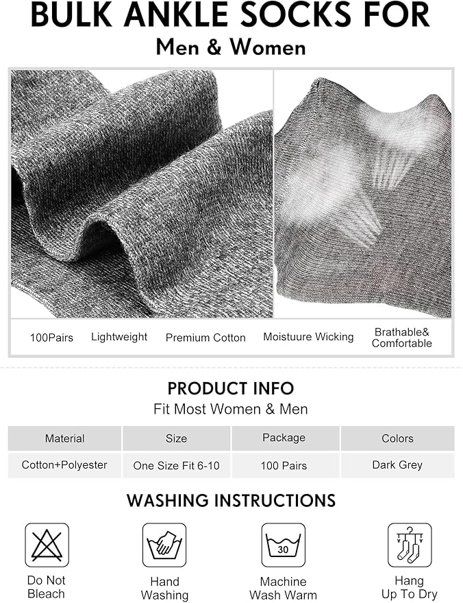 Tarpop 100 Pairs Bulk Mens Socks Moisture Wicking Casual Sports Ankle Socks for Homeless Unisex Adult Men Women