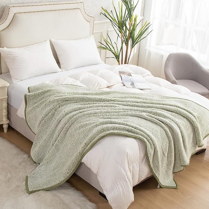 EMME Soft Sherpa Fleece Blanket Reversible Plush Fluffy Large Blanket, Light Weight Warm Decorative Boho Blanket Cover for Sofa, Couch, Bedroom,Travel(Plush Sage,108"x90")
