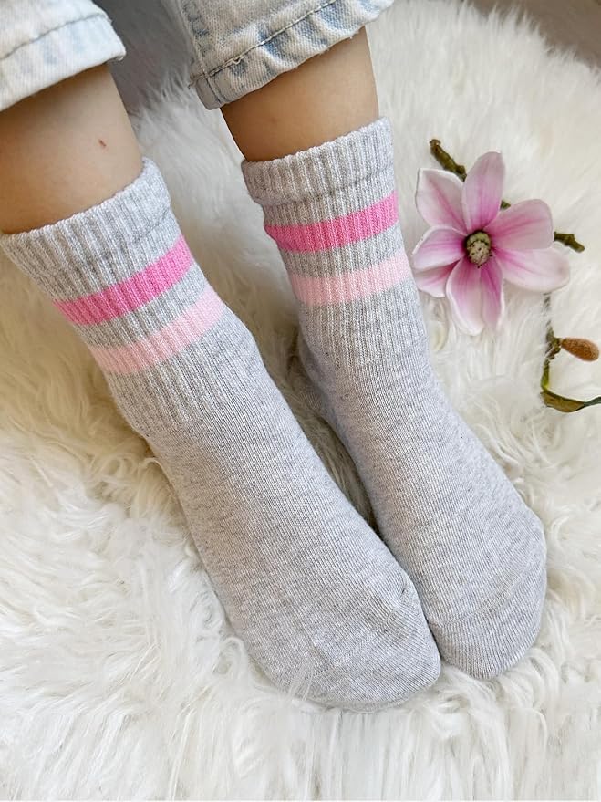 COTTON DAY Kids Girls Pink White Crew Athletic Socks with Retro Stripes Hearts