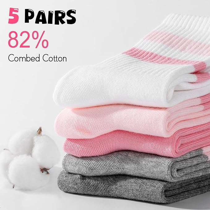 HONGTEYA Kids Socks for Girls Boys Soft Stretch Cotton Crew Seamless Athletic Socks School Uniform 4-12 Years 5 Packs