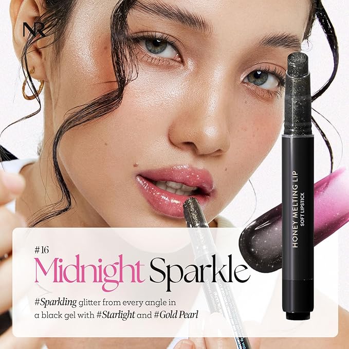 Nature Republic HONEY MELTING LIP GLITTER & PLUMPING (16 MIDNIGHT SPARKLE) SOFT LIP STICK Moisturizing Gloss, Volumizing formula, Color changing Sheer tint, Shine Glimmer Finish, Stocking Stuffers
