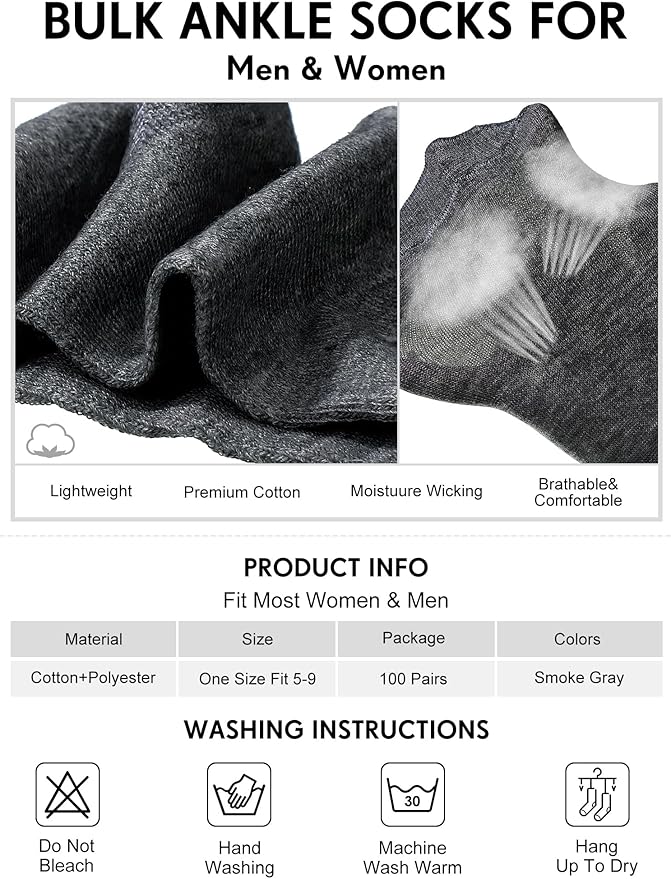 Tarpop 100 Pairs Bulk Mens Socks Moisture Wicking Casual Sports Ankle Socks for Homeless Unisex Adult Men Women