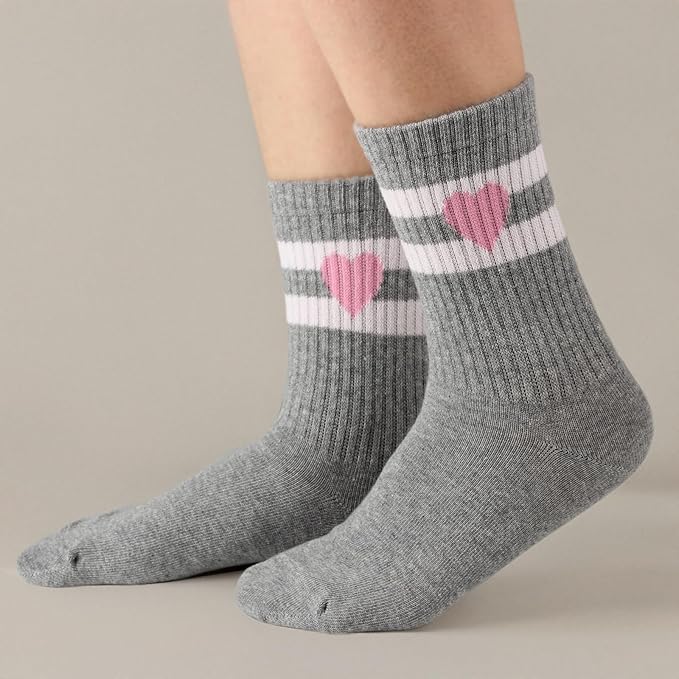 COTTON DAY Kids Girls Pink White Crew Athletic Socks with Retro Stripes Hearts