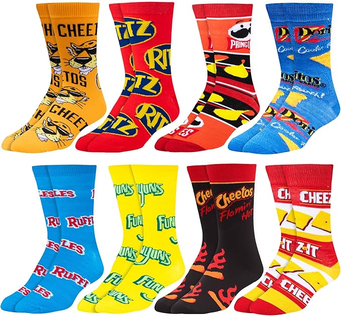 Crazy Socks–Snack Food Value Bundle – 8-Pack Novelty Crew Socks Gift Set Large Sizes for Men and Women, Soft & Comfortable