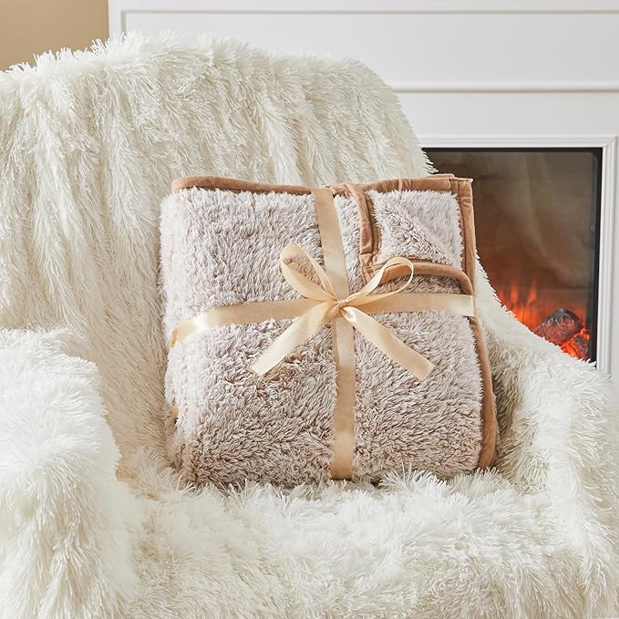 EMME Soft Sherpa Fleece Blanket Reversible Plush Fluffy Large Blanket, Light Weight Warm Decorative Boho Blanket Cover for Sofa, Couch, Bedroom,Travel(Plush Khaki,60"x80")