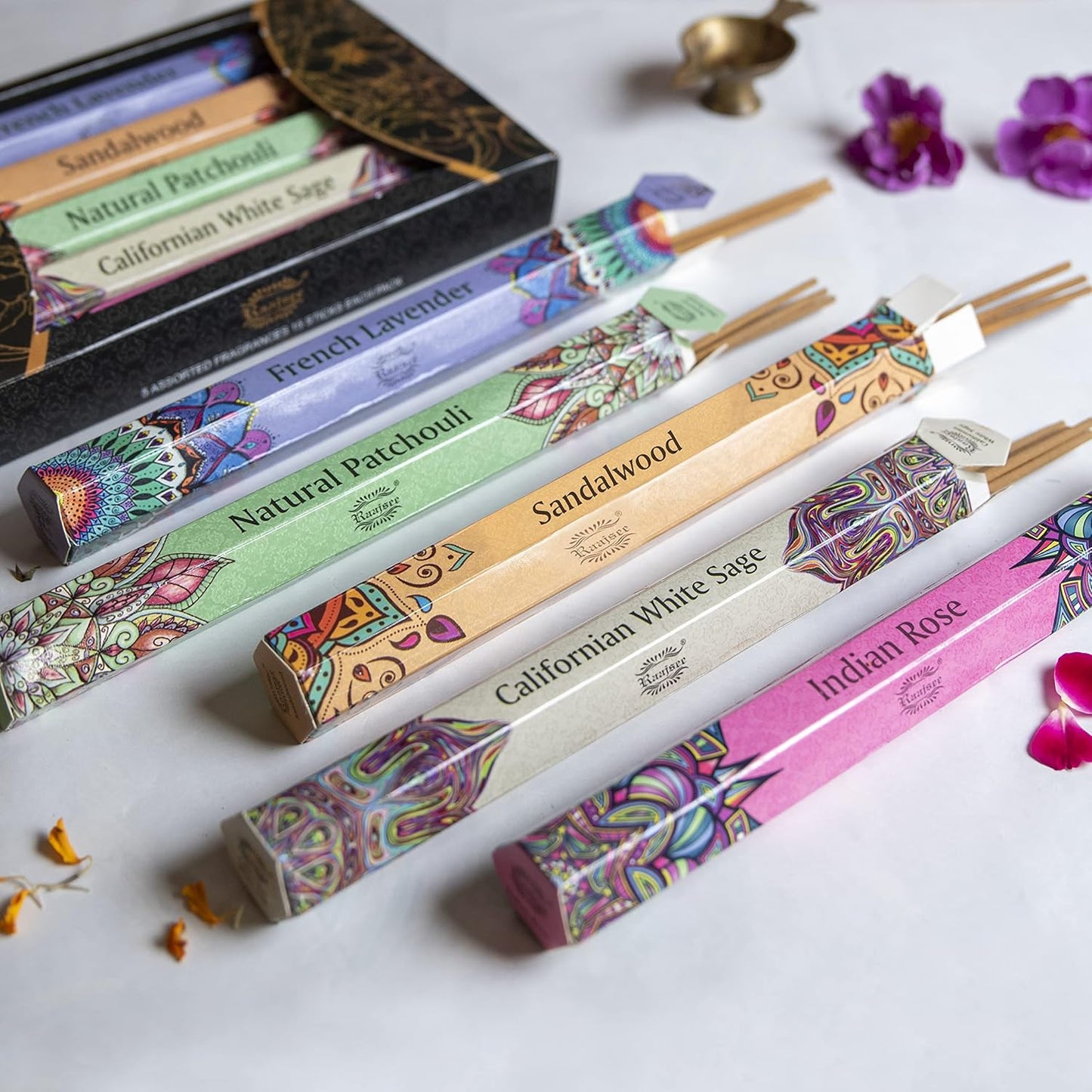 Raajsee Incense Sticks Multipack 15 Sticks x 5 Pack -100% Pure Organic Natural Assorted insense Stick - Hand Rolled Free from Chemicals -Perfect for Church Aromatherapy, Sandalwood,White sage, Rose