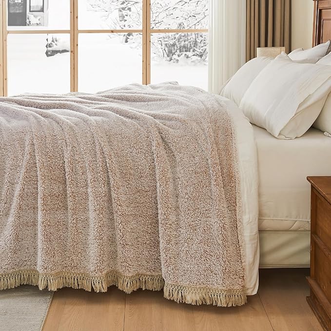 EMME Soft Sherpa Fleece Blanket with Tassel, Reversible Plush Fluffy Large Blanket, Light Weight Warm Decorative Boho Blanket Cover for Sofa, Couch, Bedroom,Travel(Tassel Khaki,50"x60")