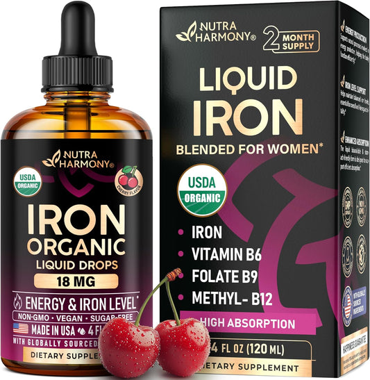 Liquid Iron Supplement for Women 18 mg - USDA Organic Iron Drops - with Folate, Vitamin B12 & B6 - Iron Level & Energy - Gentle & High Absorption Glycinate Form - Cherry Flavor, Sugar-Free - 4 fl oz