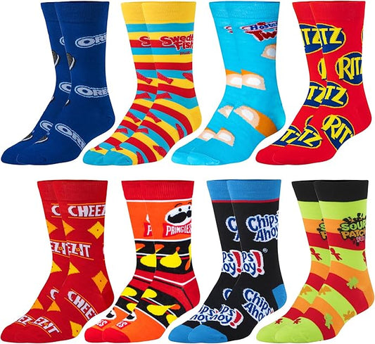 Crazy Socks–Snack Food Value Bundle – 8-Pack Novelty Crew Socks Gift Set Large Sizes for Men and Women, Soft & Comfortable