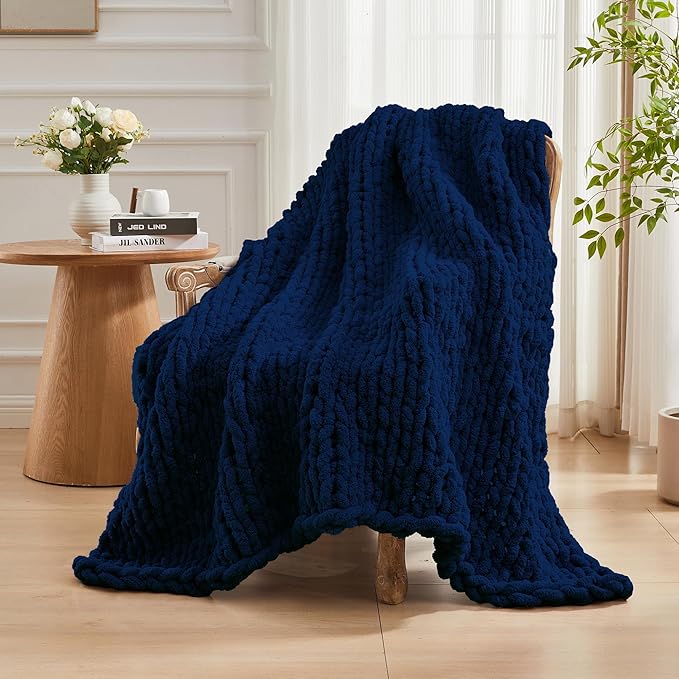 Carriediosa Chunky Knit Throw Blanket 60" X 80" Twin, 100% Hand Made Large Chenille Loop Yarn Soft Fluffy Throws for Couch Sofa Bed, Big Crochet Cozy Heavy Thick Cable Woven Blankets, Navy Blue