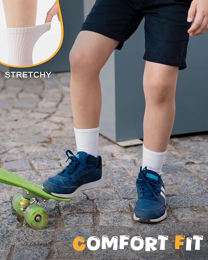 HONGTEYA Kids Socks for Girls Boys Soft Stretch Cotton Crew Seamless Athletic Socks School Uniform 4-12 Years 5 Packs
