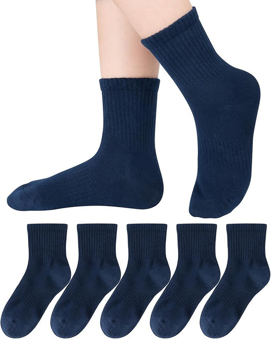 HONGTEYA Kids Socks for Girls Boys Soft Stretch Cotton Crew Seamless Athletic Socks School Uniform 4-12 Years 5 Packs