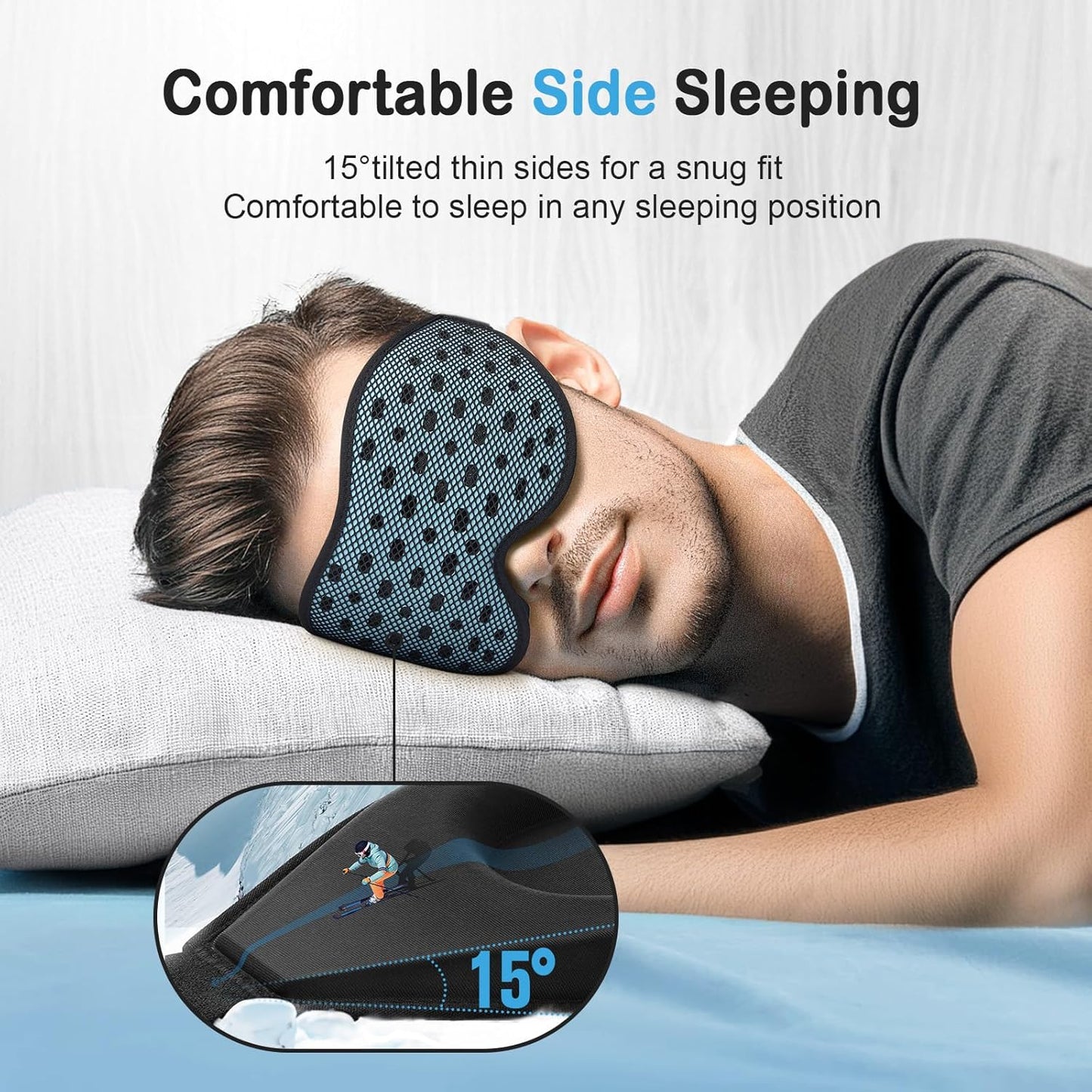 LitBear Breathable Sleep Mask, 3D Eye Mak Sleep for Side Sleepers Women Men, Light Blocking Sleeping Mask with Adjustable Strap, Soft Lightweight Eye Cover for Travel, Night Work, Nap -Ice Blue