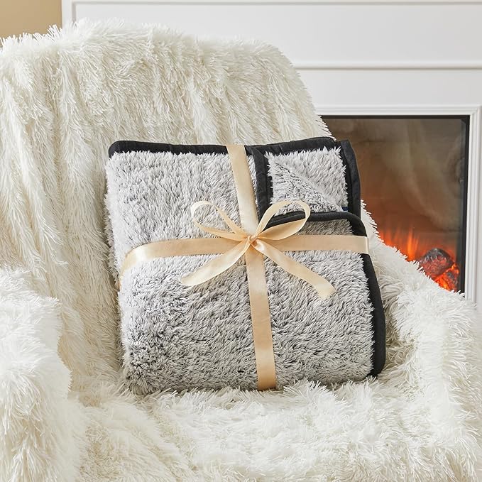 EMME Soft Sherpa Fleece Blanket Reversible Plush Fluffy Large Blanket, Light Weight Warm Decorative Boho Blanket Cover for Sofa, Couch, Bedroom,Travel(Black,90"x90")