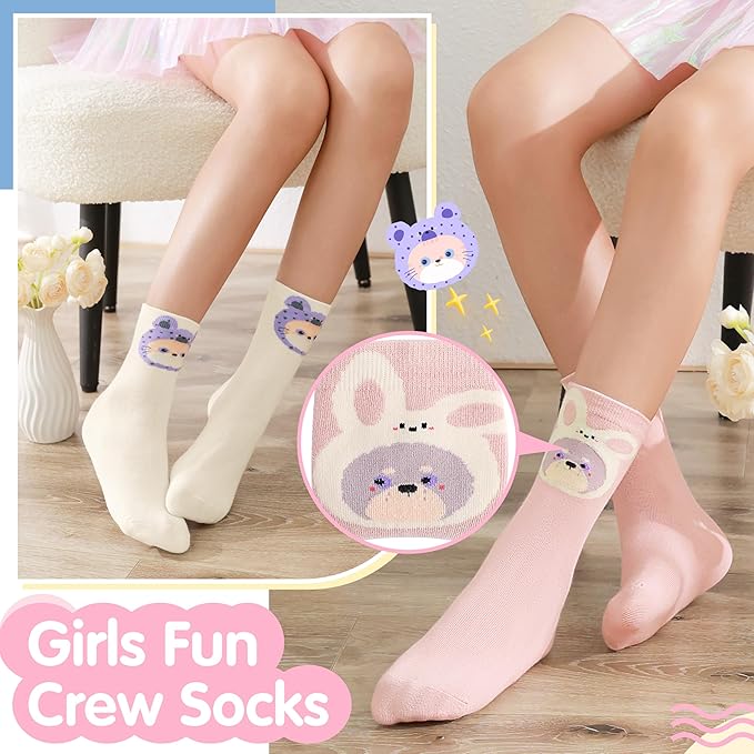 EBMORE Kids Girls Socks Cotton Crew Cute Animal Pattern Fashion Fun Novelty Socks 6 Pack