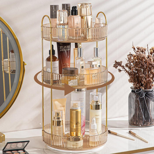 Rotating Makeup Organizer for Vanity, High-Capacity Skincare Clear Make Up Storage Perfume Organizers Cosmetic Dresser Organizer Countertop 360 Spinning (Gold, 3 Tier)