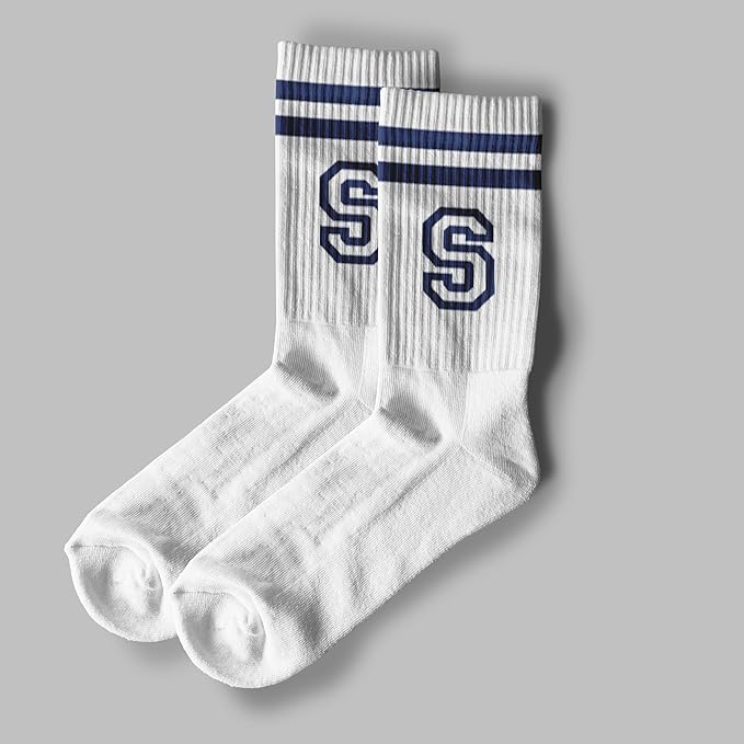 Striped Initial Socks with the Letter in Navy Blue, Socks for Adult, Teens, Men&Women Socks, Gifts for Friends, Family, etc.
