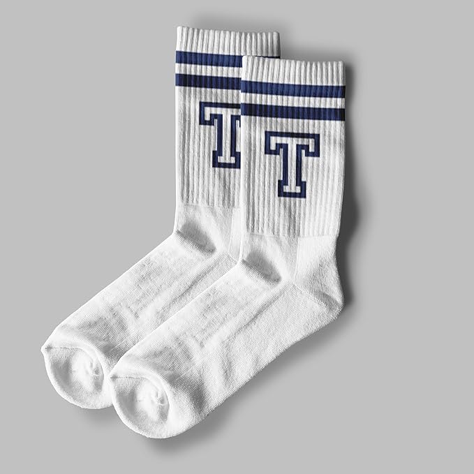 Striped Initial Socks with the Letter in Navy Blue, Socks for Adult, Teens, Men&Women Socks, Gifts for Friends, Family, etc.