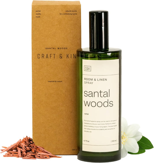 Craft & Kin Santal Woods Room Spray for Bedding, 6.76 oz, Pillow Spray, Long-Lasting Room Freshener, Soothing Aroma Mist for Home & Washroom