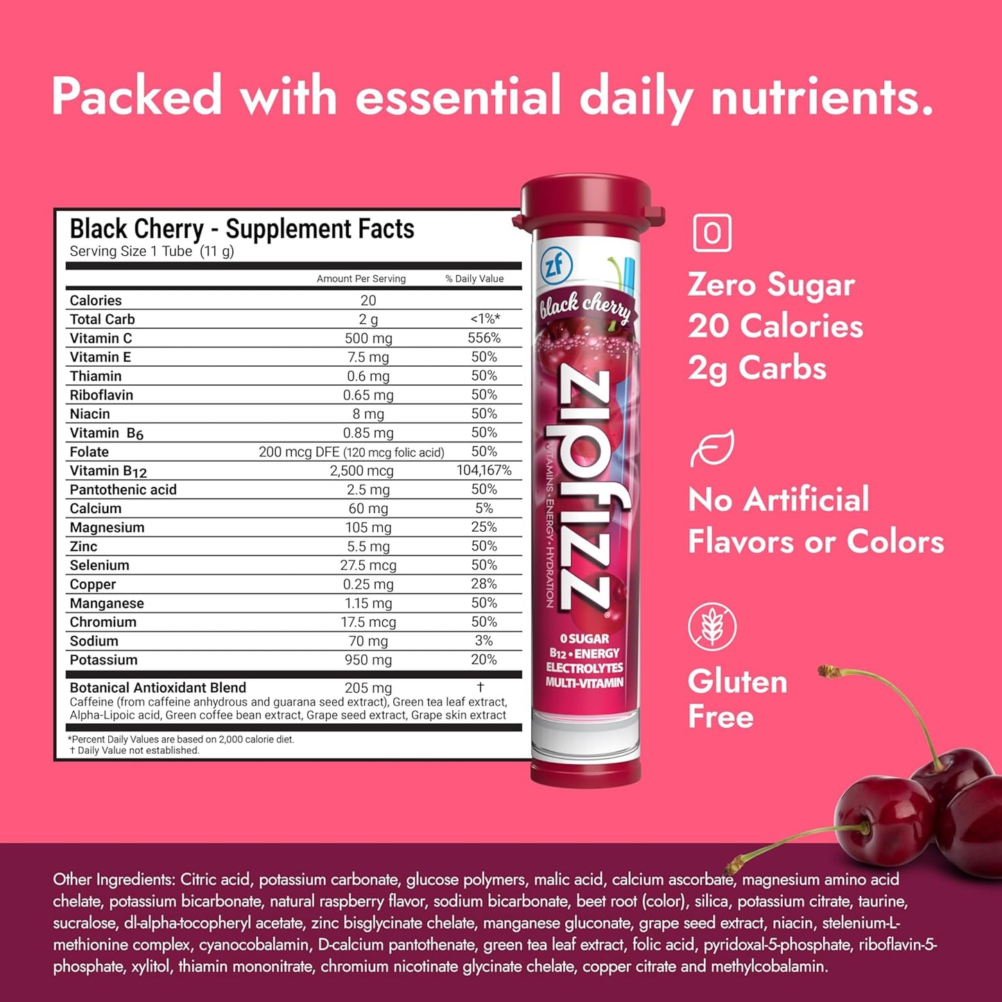 Zipfizz Daily Energy Drink Powder, Black Cherry, 20 Pack | 3-in-1 Sustained Energy, Rapid Hydration, and Essential Vitamins | Sugar-Free | Electrolyte Powder | Contains Vitamin B-12 & Antioxidants